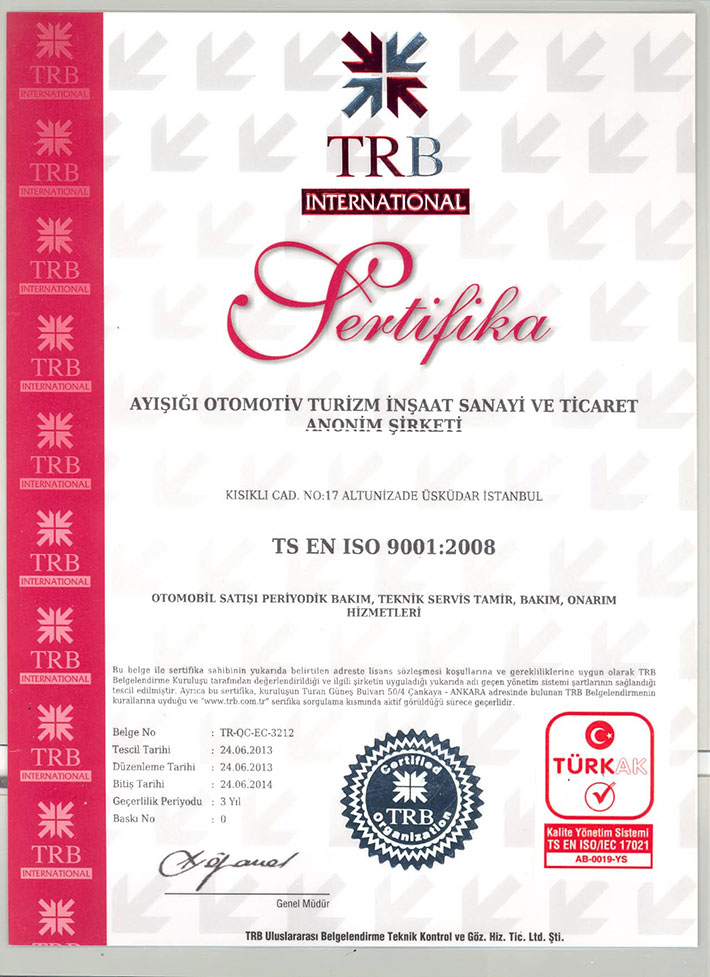 ISO 9001:2008 Sertifikası - Honda Plaza Ayışığı